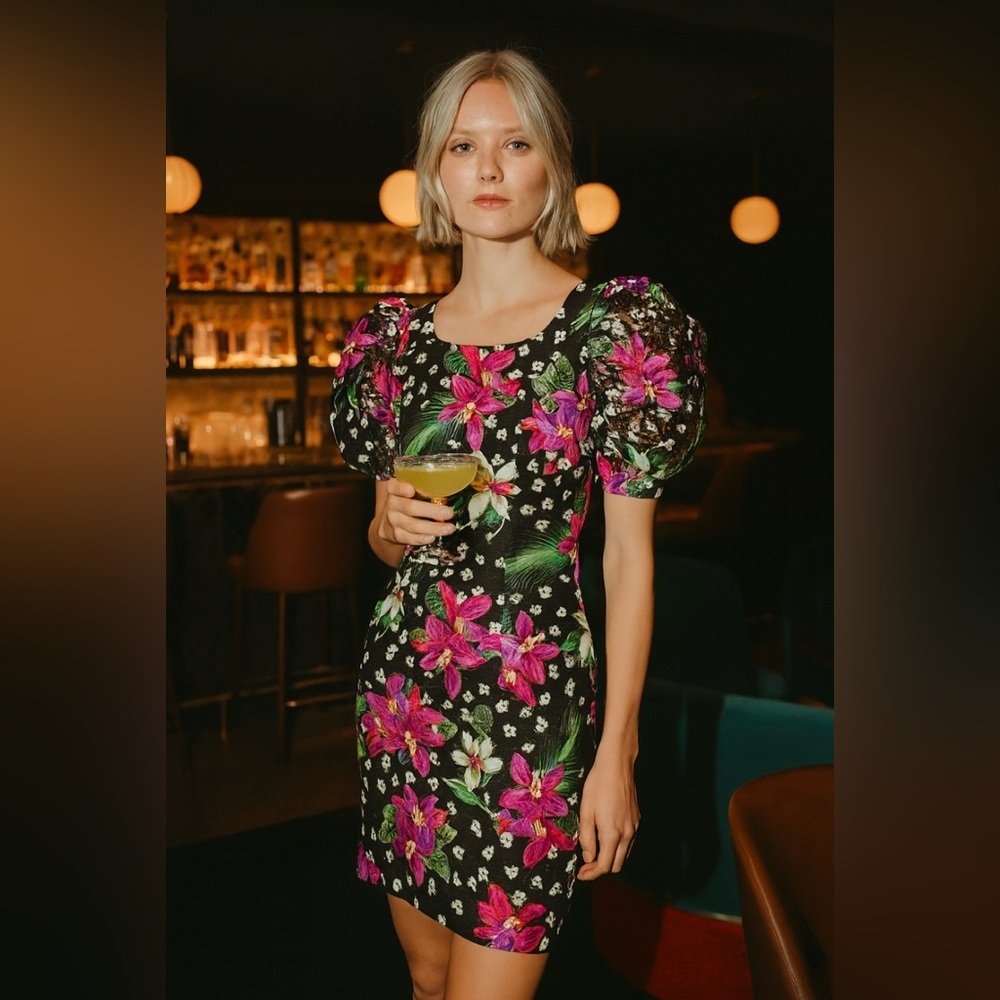 Morton Myles Sequin Puff Sleeve Midi Vintage 90s Cocktail Floral Couture